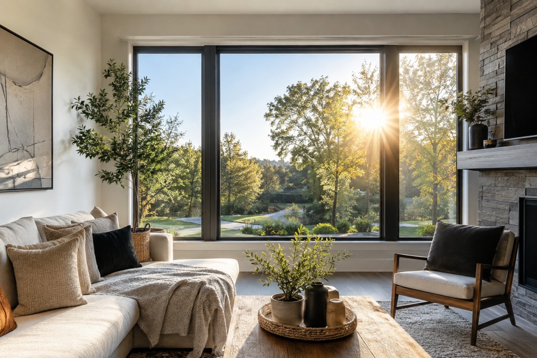 South-facing picture windows in a bright living room