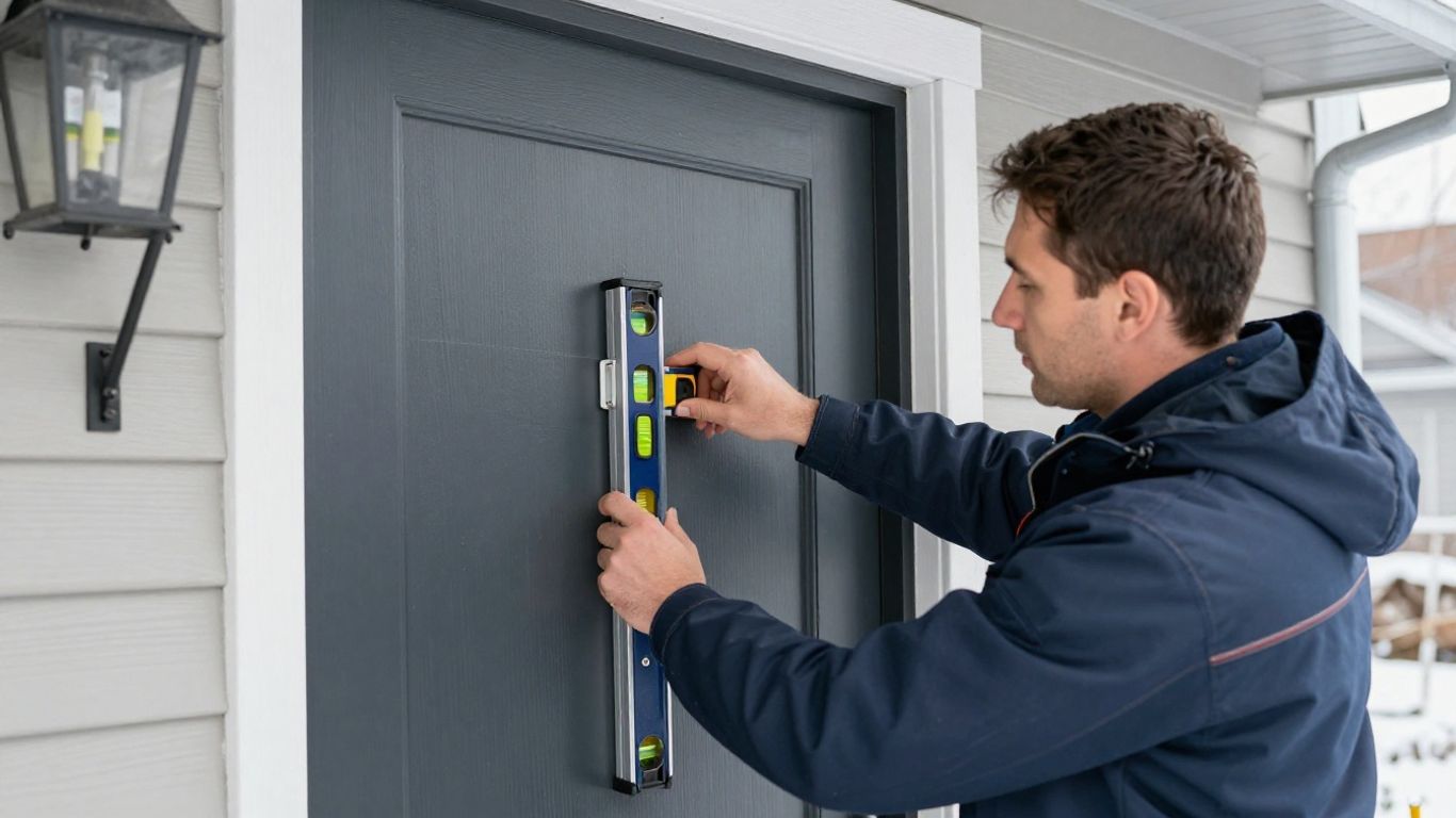 Installer checking the fit of a steel entry door